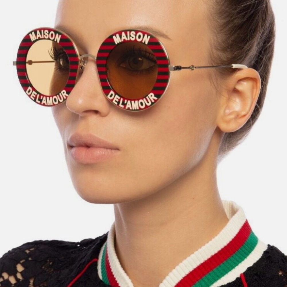 CELEB’S FAV GUCCI MAISON DEL’ AMOUR  ROUND DARK GREEN AND RED STRIPES SUNGLASSES - Picture 14 of 16